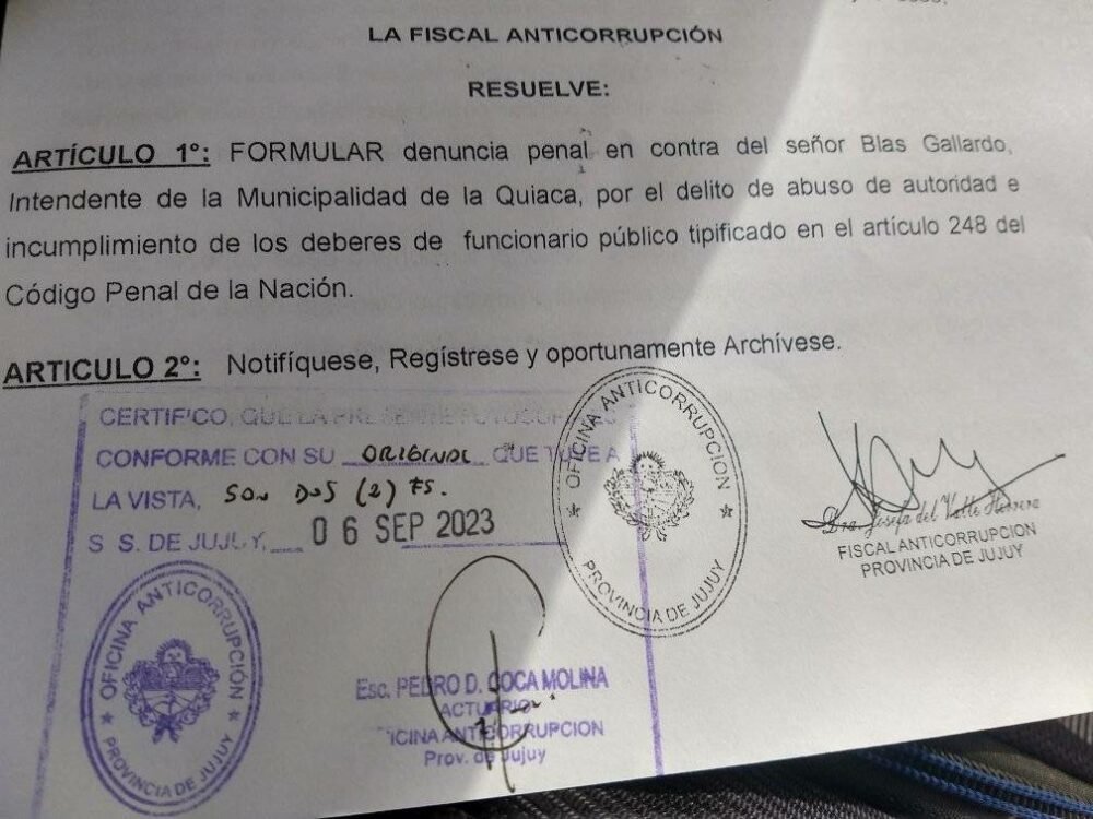 Denuncia penal al intendente de La Quiaca